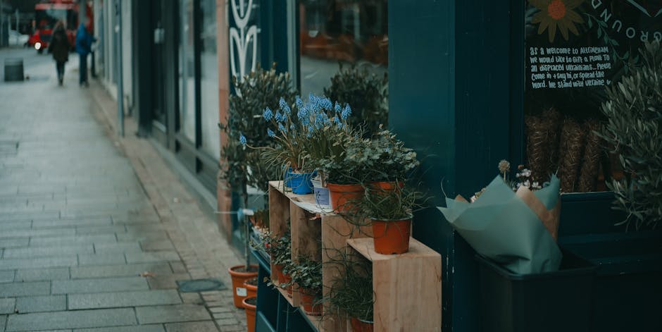 An outdoor display of potted flowering plants arranged on wooden shelves attached to the exterior of a shop, featuring a variety of species with predominantly blue, green, and some brown tones. The fl