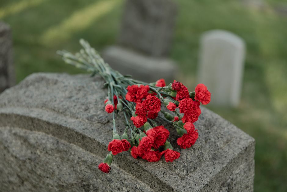 A close-up view of a bouquet of bright red carnations with ruffled petals and green stems, resting on a weathered grey stone gravestone in a cemetery. The bouquet is wrapped in transparent plastic, wi