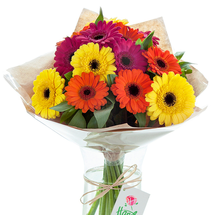 Centered in a clear glass vase, this jubilant Gerbera daisy bouquet radiates with the warmth and vibrancy that Barkingside is known for. The arrangement features bold, generously sized flowers in a dynamic mix of golden yellow, flaming orange, and show-stopping magenta, each fixed around a dark, expressive disk that contrasts elegantly with the luminous petals. Sleek green leaves and foliage are tucked thoughtfully amongst the blossoms, adding a fresh, organic complexity and heightening the bouquet's sense of fullness. The upper portion of the arrangement is artfully wrapped in a layer of rustic light brown kraft paper, its subtle texture caught in the soft glow of natural daylight-a nod to both tradition and Barkingside's beloved market charm. Surrounding this is a layer of shiny, transparent cellophane, gently flaring at the top to cradle the blooms, suggesting both protection and celebration. Through the clean lines of the vase, the gathered stems are visible in fresh water, held together by a twist of simple raffia twine. From this twine, a white gift tag with a graceful red rose design and partial wording hints at the unique, handmade origin-a touch often favoured by Barkingside Florist for local deliveries. The image as a whole evokes the joy and community spirit of Barkingside, making it ideal for marking special moments, appreciating loved ones, or bringing a touch of artistry and brightness to a Chigwell home.