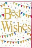 A lively congratulations card is pictured, its design radiating the cheerful spirit of a local Barkingside celebration. The base is a bright, clean white, allowing the decorative elements to stand out with clarity and charm. Dominating the centre is the phrase Best Wishes, written in a sweeping golden script that glows as though brushed with fine glitter or metallic foil. Each letter appears delicately raised, suggesting a tactile quality that would feel smooth and slightly embossed under the fingertips. Around this message, graceful curves of bunting stretch from edge to edge in overlapping arcs, much like festive strings of flags draped above a community event near Barkingside Station. Every tiny triangle of bunting is coloured in rich tones-scarlet, cobalt, lime, and sunshine yellow-some filled with bold stripes, others with petite polka dots or geometric motifs, creating a playful, handcrafted look. Scattered in the spaces between the bunting strands are small stars and round confetti dots, twinkling in gold and bright colours, reminiscent of the confetti that might catch the breeze at a joyous gathering. The overall composition is balanced and light, with plenty of white space to keep the eye resting on the golden words in the centre. Emotionally, the card feels uplifting and hopeful, a perfect partner to flowers delivered across Barkingside to celebrate a promotion, a new home, or any turning point worth marking. It conveys heartfelt good wishes while maintaining an elegant, contemporary style that would appeal to recipients of all ages.