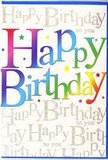 This birthday greeting card appears as a little burst of happiness, the kind of design that feels right at home alongside a vibrant bouquet ready for delivery across Barkingside. The main focus is the phrase Happy Birthday, printed in generous, bold letters that stretch confidently across the card's front. Each letter is dressed in a different shade, shifting through a joyful rainbow from deep red and rich pink into warm orange, fresh green, cool teal and bright yellow, with the colours blending softly where they touch, as if brushed on with watercolour. The lettering has a smooth, polished look, like the glossy finish on a new card you'd pick up near Fullwell Cross, and the colours seem to glow against the lighter backdrop. Behind this headline, the entire background is filled with a repeated golden script, gently looping the words Happy Birthday to you over and over. The script is fine and flowing, with a delicate glittered or metallic sheen that glints subtly, much like fairy lights twinkling in a window on an evening walk through Barkingside. This pattern of background text is soft enough not to compete with the central message, instead surrounding it like a warm echo of well-wishes. Tiny hints of star-like flecks and sparkles add to the sense of celebration without making the design feel cluttered. The overall mood is bright, cheerful and sincere, perfect for marking a milestone or simple birthday with heart. It's easy to imagine this card tucked beside a colourful arrangement sent to a friend in Barkingside, Clayhall or Fairlop, ready to bring a smile the moment the envelope is opened.