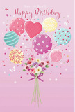 This whimsical birthday illustration feels like a pastel daydream set above Barkingside, where balloons and flowers come together in a gentle celebration. A soft pink background creates a tender, uplifting mood, similar to the glow of late-afternoon light over the local high street. From this blush canvas, a cluster of pastel balloons drifts upwards with joyful energy. Each one is uniquely decorated: some are wrapped in candy-coloured stripes, others sprinkled with playful polka dots, and at the centre a heart-shaped balloon radiates quiet affection. Their colours-creamy ivory, blush pink, gentle mauve, lemon, and minty green-blend into a harmonious palette that feels both sweet and sophisticated. Anchoring the floating cluster is a hand-tied bouquet brimming with delicate roses and anemone-like blooms, their petals feather-soft and slightly ruffled, as if freshly opened that morning. A neat violet satin bow gathers the stems, catching the light just enough to add a hint of sheen, like party ribbon on a beautifully wrapped gift. The flowers appear almost fragrant, suggesting a soft, comforting scent you might catch walking past a local Barkingside florist. Tiny stars and butterfly details seem to scatter around the composition, adding a touch of fairy-tale wonder without overwhelming the simplicity of the design. The whole scene captures the spirit of a bright, unforgettable birthday-something light-hearted yet heartfelt, the kind of image you might choose to send alongside a same-day flower delivery for a loved one celebrating in Barkingside or nearby neighbourhoods.